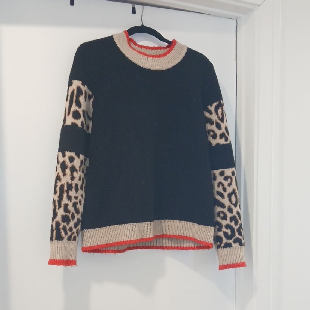 THML Black Sweater with Leopard Print Sleeves